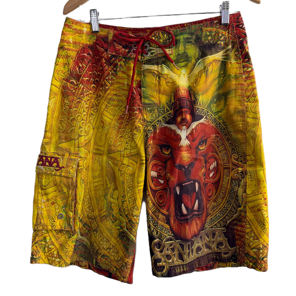 Vintage CARLOS SANTANA Lion Dragonfly Swim Surf Trunks Board Shorts Y2K 31